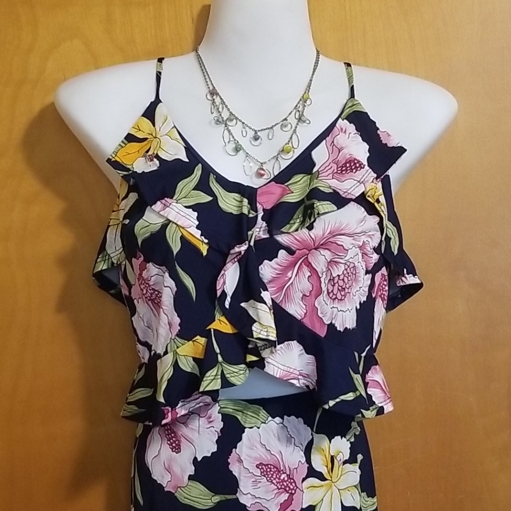 NWT Harmony In Nature 2pc Floral Crop Top High-Low Midi Skirt Set Navy Blue L - Picture 4 of 12